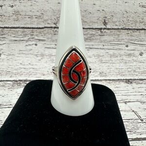 Elegant Red Coral Inlay and Silver Women's Ring